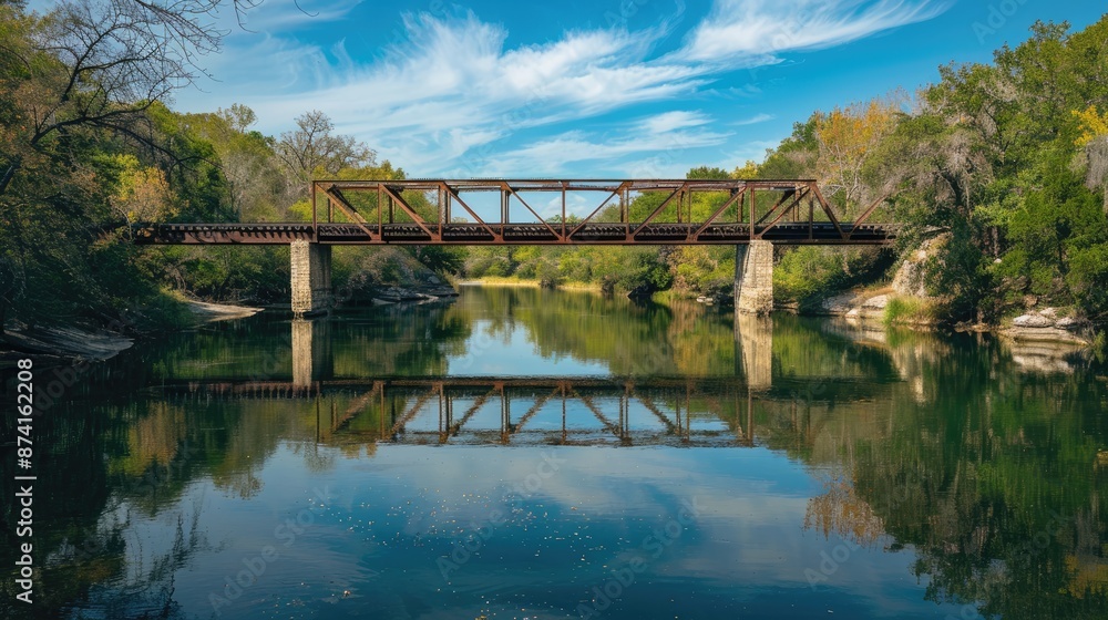 A scenic railway bridge over a tranquil river. A scenic railway bridge over a tranquil river.