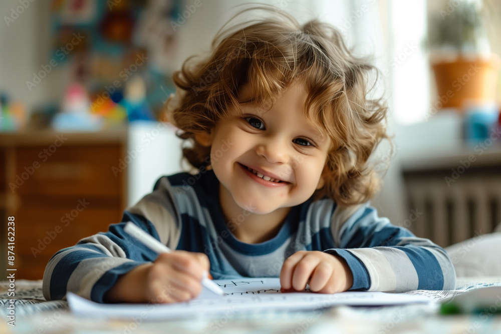 smiling little kid doodling with a pen and paper, drawing and writing on a white page in a school, colourful, coloring a page smiling little kid doodling with a pen and paper, drawing and writing on a white page in a school, colourful, coloring a page