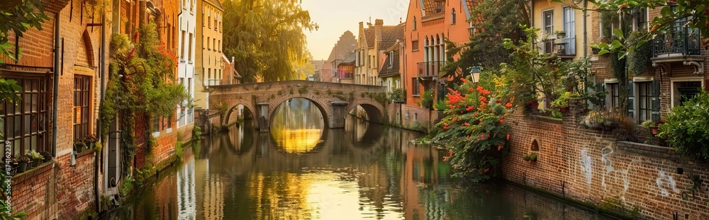 Fototapeta premium Evening building on the streets and amsterdam channels with illumination. AI generated illustration