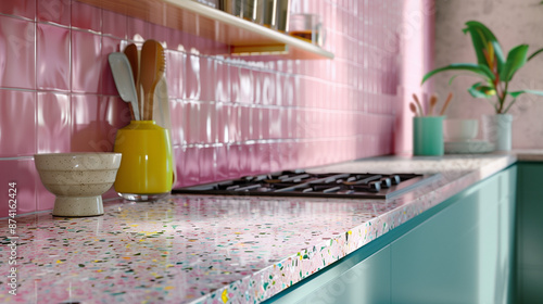 Kitchen Interior in Pink and Turquoise with Zelige Tile Tile and Terrazzo Countertop. Memphis Minimalist Style Design. Trends 2024. Sink and Cabinets photo