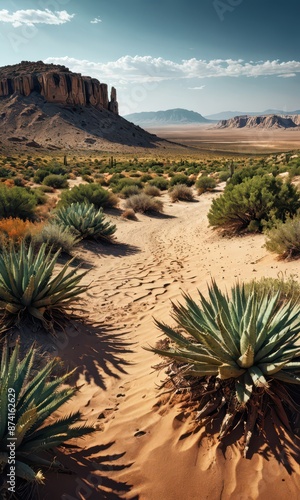 Desert Landscape with Agave Plants and Sandy Path.