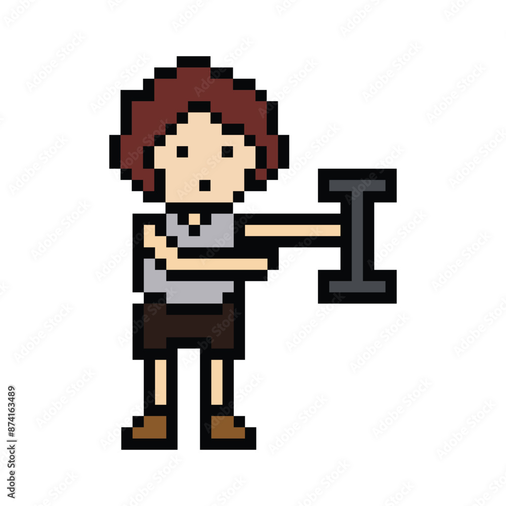 Obraz premium Cute pixel cartoon 8bit character man weight training with dumbbell lifestyle lifting gym decoration life style 8 bit male boy weight fitness isolated PNG vector.