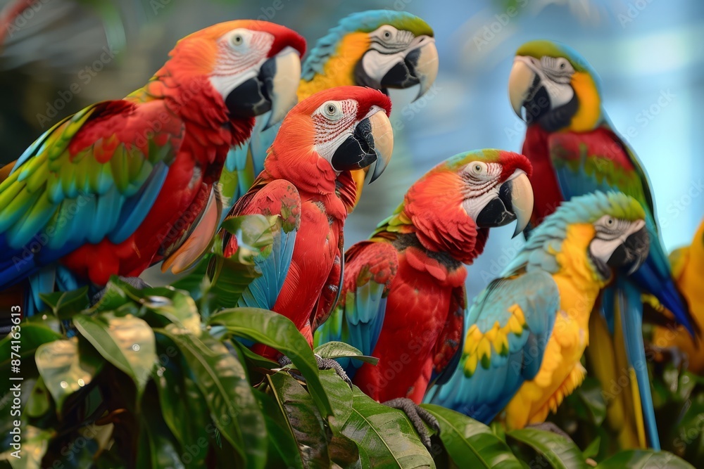 a colorful scene of parrots from around the world perched on a tropical tree a colorful scene of parrots from around the world perched on a tropical tree