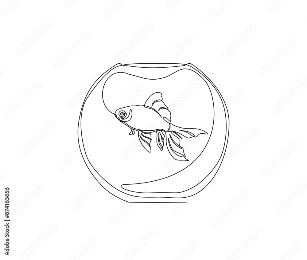 Continuous one line drawing of goldfish in the fishtank. Fish in single line vector illustration. Editable stroke. Continuous one line drawing of goldfish in the fishtank. Fish in single line vector illustration. Editable stroke.