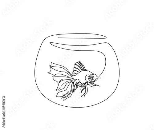 Continuous one line drawing of goldfish in the fishtank. Fish in single line vector illustration. Editable stroke.