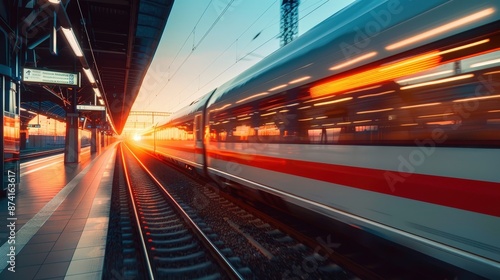 A high-speed train leaves a station at sunset, showcasing dynamic motion blur and vibrant colors, symbolizing modern transportation and travel.