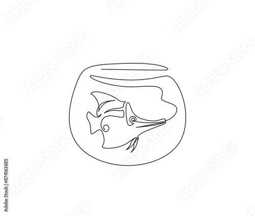 Continuous one line drawing of butterfly fish in the fishtank. Fish in fishtank outline vector illustration. Editable stroke.