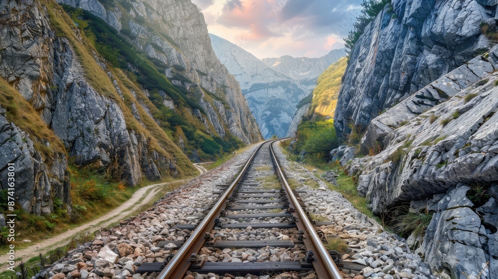 Fototapeta premium A scenic railway track through a mountain pass