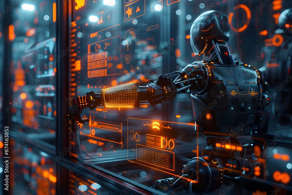 Futuristic Robot Interacting with High-Tech Digital Interface Futuristic Robot Interacting with High-Tech Digital Interface
