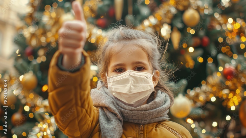 A young girl wearing a face mask gives a thumbs up in a photo A young girl wearing a face mask gives a thumbs up in a photo