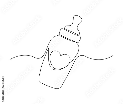Continuous one line drawing of baby feeding bottle. Baby drink bottle with love outline vector illustration. Editable stroke.