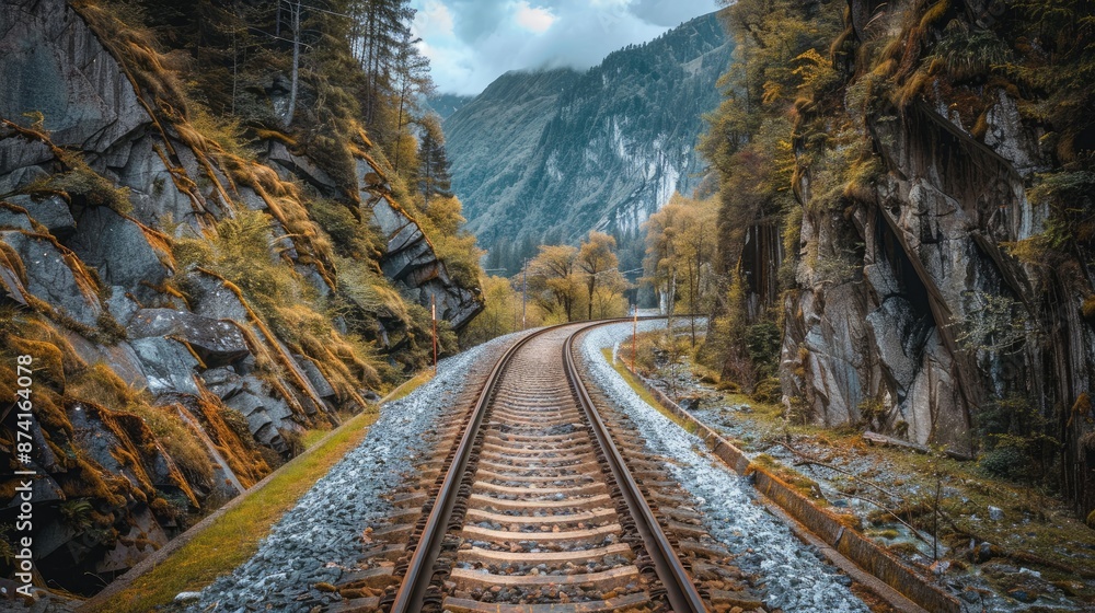 Fototapeta premium A scenic railway track through a mountain pass