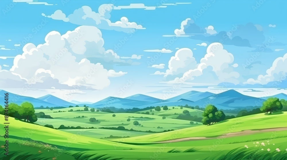 Summer field, hilly landscape, green grass, blue sky with clouds, mountainous terrain, flat style cartoon painting illustration Summer field, hilly landscape, green grass, blue sky with clouds, mountainous terrain, flat style cartoon painting illustration