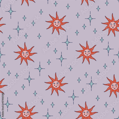 Sun and stars seamless vintage pattern. Retro design background with mystical Sun and stars on purple backdrop. Astrologic rhombus ornament. Hand drawn vector illustration.
