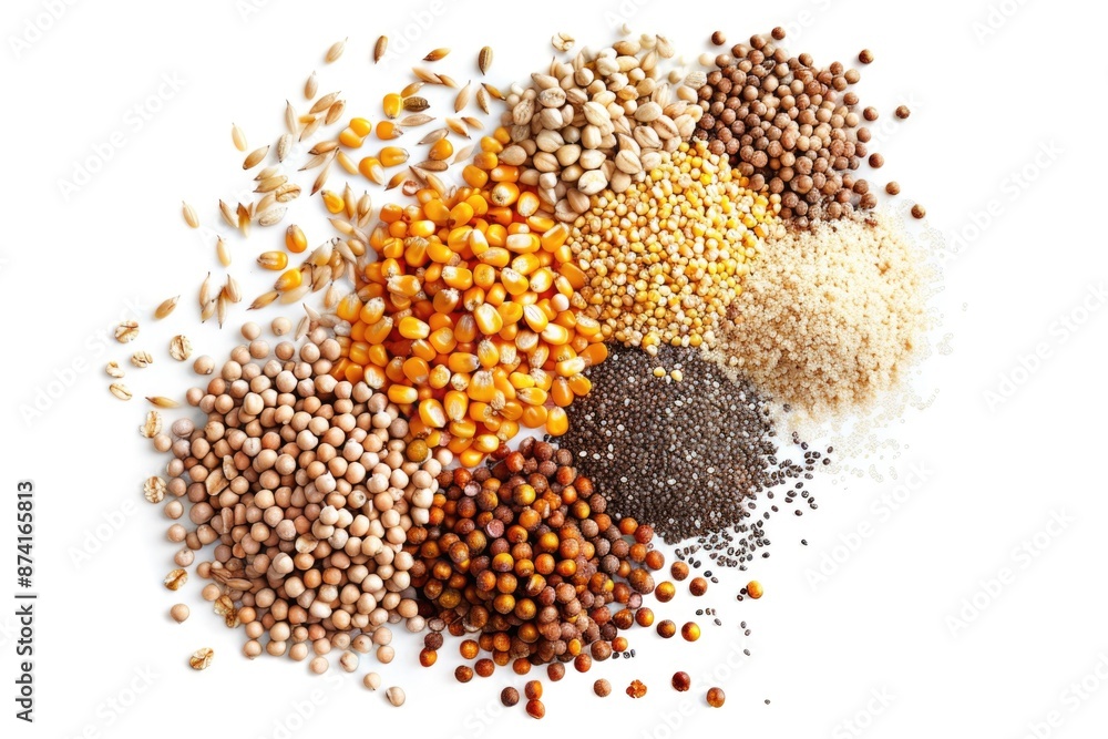 A collection of various grains and seeds arranged on a clean white surface A collection of various grains and seeds arranged on a clean white surface