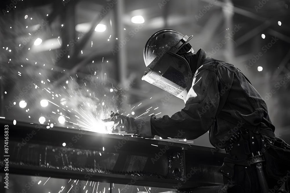 Industrial Welder at Work Creating Sparks in a Factory Industrial Welder at Work Creating Sparks in a Factory