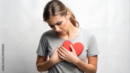 a woman holds a red heart shape over her chest, heartbreaking