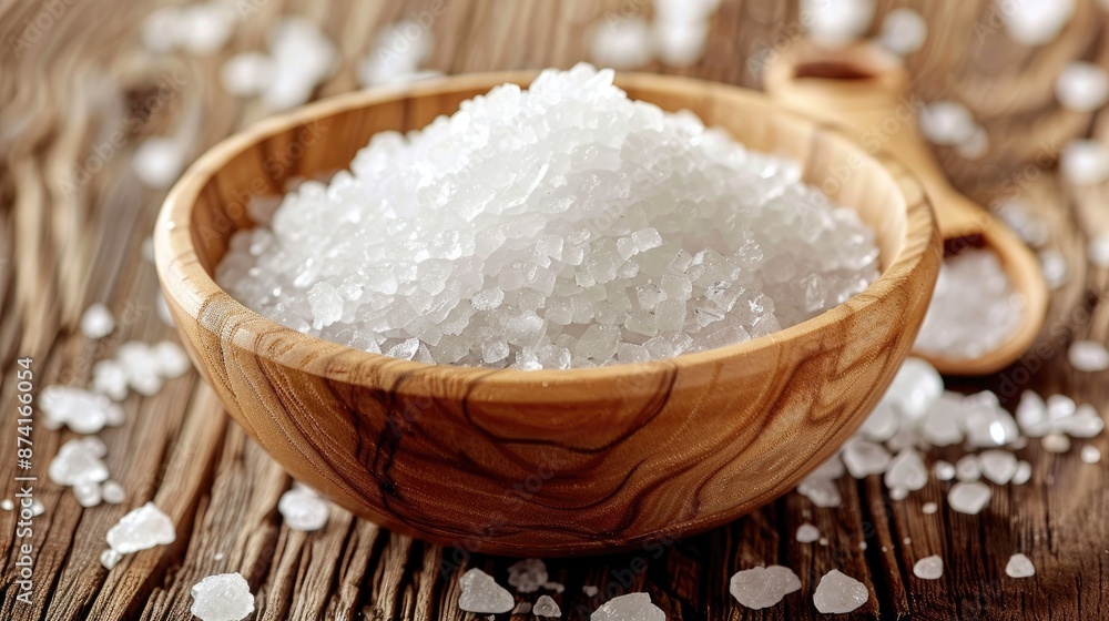 Salt Crystals in Wooden Bowl on Wood Background Salt Crystals in Wooden Bowl on Wood Background