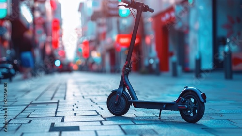 An electric scooter parked in a city center