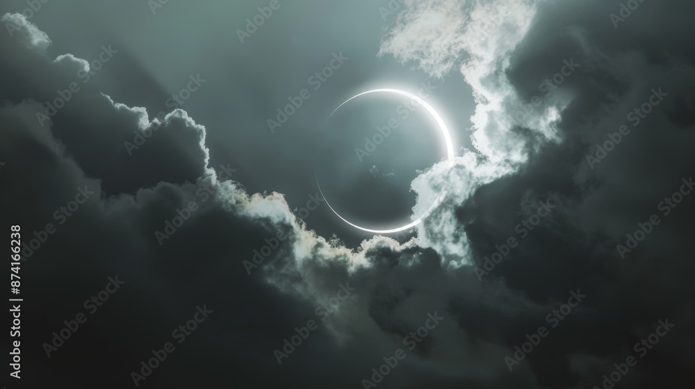 Total solar eclipse, with clouds and a thin white ring in front of it. The sky is dark grey. Total solar eclipse, with clouds and a thin white ring in front of it. The sky is dark grey.