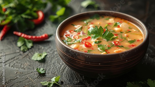 tomato soup with herbs and spices photo