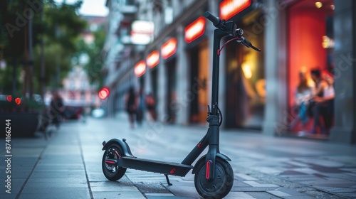 An electric scooter parked in a city center