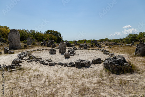 Aksakovo, Bulgaria - 14.08.2020 Pobiti Kamani, sand and limestone rock formation, stone circle, nature phenomenon near Varna photo