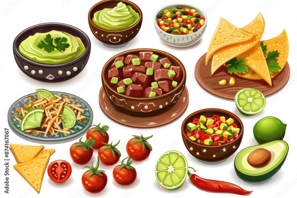 Mexican cuisine with various dishes, including tortillas, guacamole, and salsa Mexican cuisine with various dishes, including tortillas, guacamole, and salsa