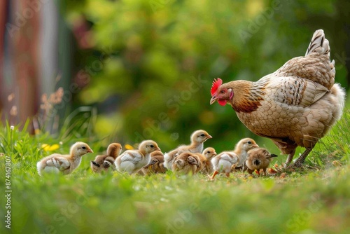 A hen and chicks looking for food at grass area.