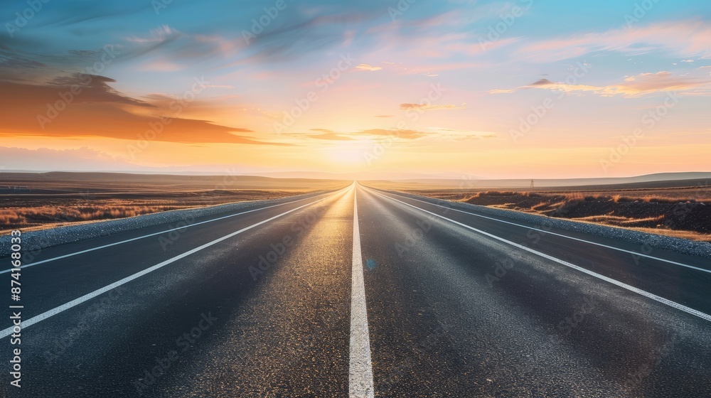 An empty highway stretching into the horizon at sunset. An empty highway stretching into the horizon at sunset.