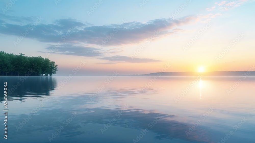 Serene sunrise over a calm lake with mist and reflections. Serene sunrise over a calm lake with mist and reflections.