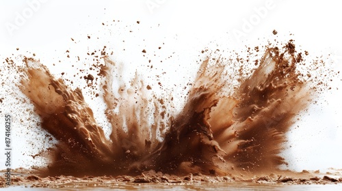 A dramatic explosion of brown mud against a white background. The mud is scattered in a chaotic pattern, creating a sense of force and energy.