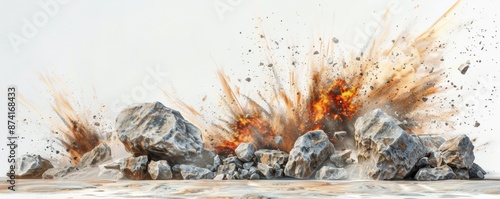 A dramatic explosion with rocks and debris flying in the air.