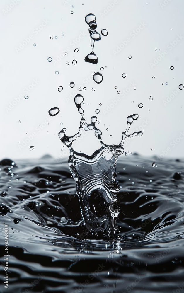 A single water drop creates a splash and ripples in a still body of water. The background is blurred. A single water drop creates a splash and ripples in a still body of water. The background is blurred.