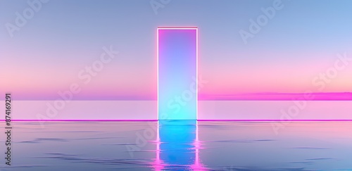 Rectangular pink neon frame in the middle of the sea with a futuristic concept