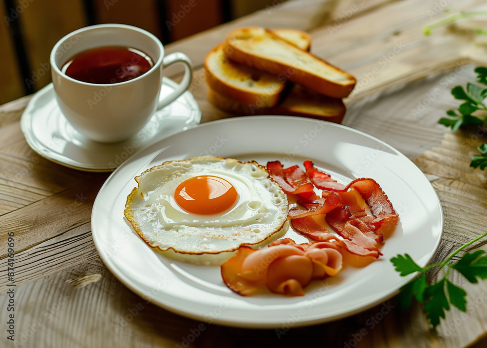 breakfast with egg, bacon, toasts on the white plate and tea in the cup on the table breakfast with egg, bacon, toasts on the white plate and tea in the cup on the table