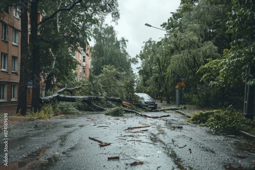 In the wake of the storm, city streets were covered with uprooted trees, and the persistent rain indicated the lingering bad weather conditions