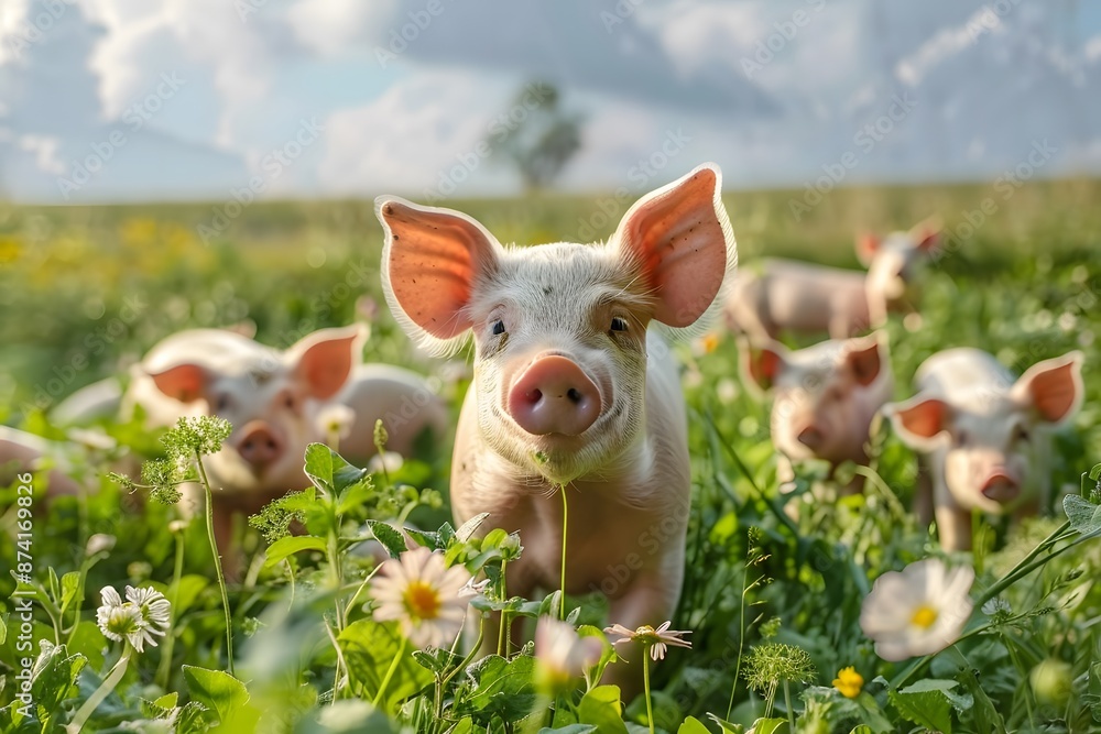 Adorable Piglets Exploring a Lush Green Meadow Adorable Piglets Exploring a Lush Green Meadow