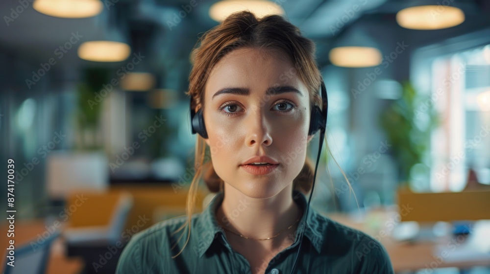 A woman sitting at her desk wearing a headset, possibly working remotely or on a phone call A woman sitting at her desk wearing a headset, possibly working remotely or on a phone call