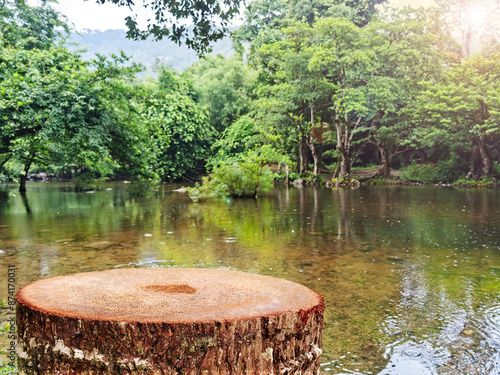 Empty tree stump for displaying products natural water stream background.