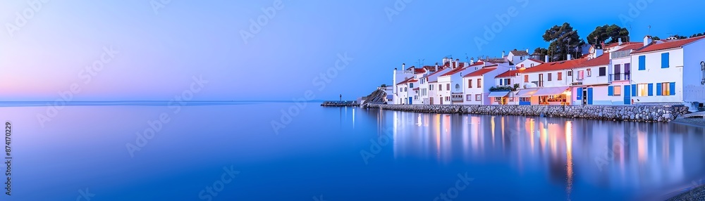 Obraz premium Panoramic view of serene seaside village during twilight, with calm blue waters and charming white houses reflecting in the sea.