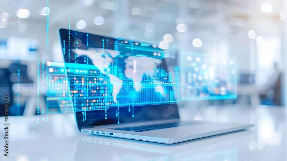 Modern laptop with a global network hologram in an office setting, representing global connectivity and technology. Modern laptop with a global network hologram in an office setting, representing global connectivity and technology.
