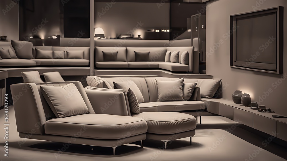 Side view of a modern living room interior with a sofa, armchair Side view of a modern living room interior with a sofa, armchair
