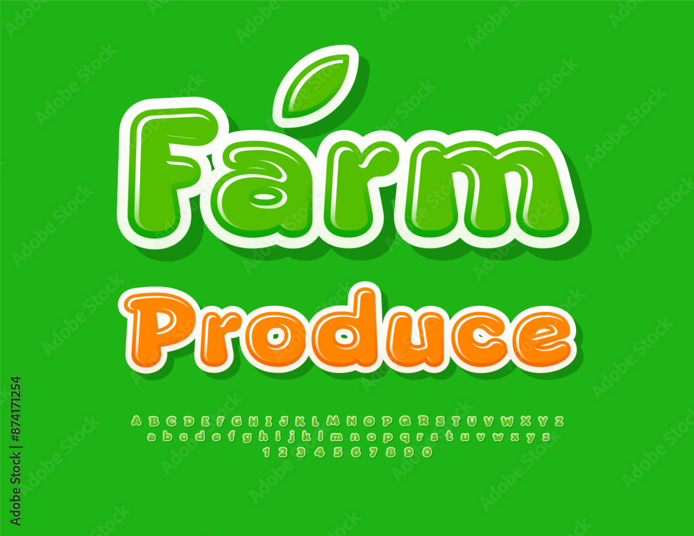 Vector ecologic banner Farm Produce. Glossy Green Font. Modern Alphabet Letters and Numbers set. Vector ecologic banner Farm Produce. Glossy Green Font. Modern Alphabet Letters and Numbers set.