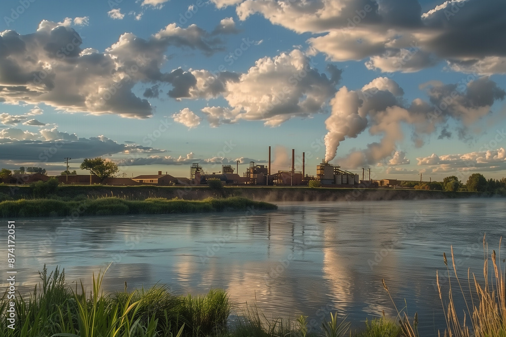 Naklejka premium Industrial factories with smoke emissions pollute the environment.