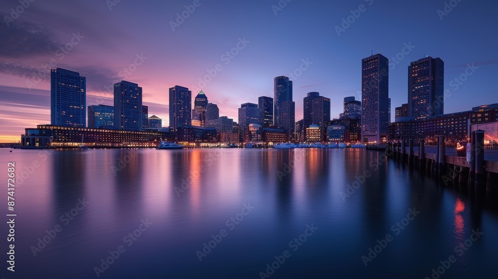 A breathtaking perspective of a city skyline at dusk, reflecting over calm water with skyscrapers and buildings lit up under a clear blue and pinkish sky. A breathtaking perspective of a city skyline at dusk, reflecting over calm water with skyscrapers and buildings lit up under a clear blue and pinkish sky.