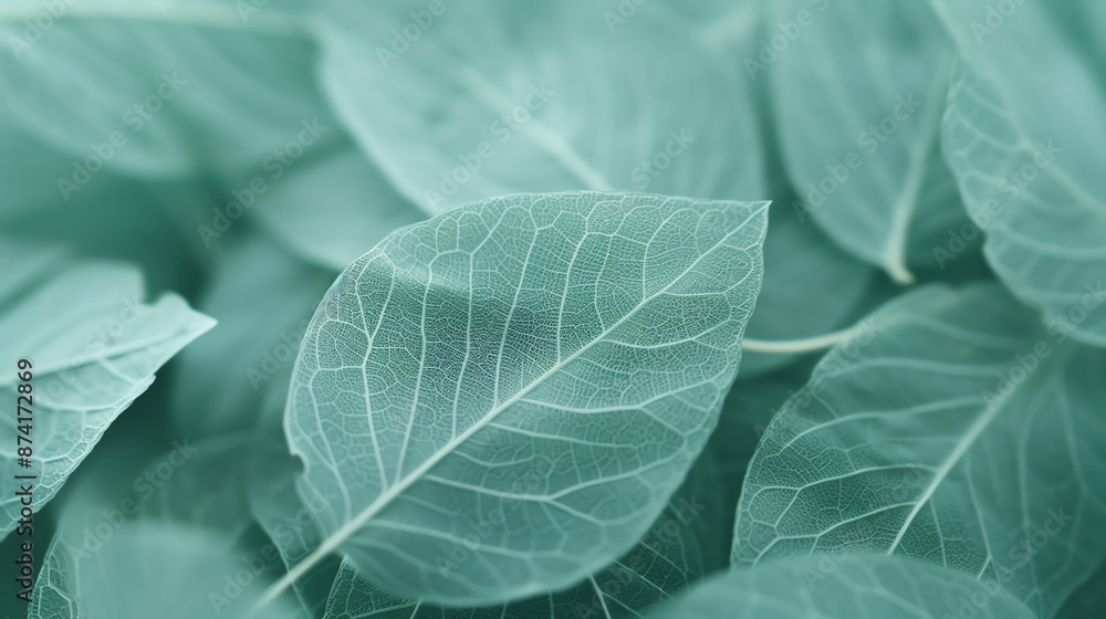 Close-up of delicate leaves with intricate vein patterns in a soothing teal hue, evoking calm and serenity in a natural setting. Close-up of delicate leaves with intricate vein patterns in a soothing teal hue, evoking calm and serenity in a natural setting.