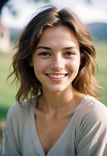 A young Caucasian woman smiling at the camera