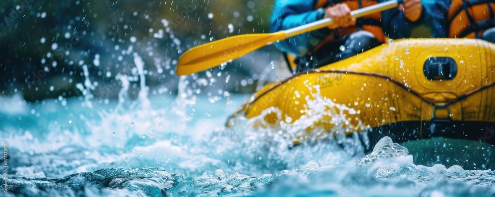 Naklejka premium A person is paddling a raft in a river. The water is rough and the person is wearing a life jacket. Free copy space for text.