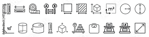 Line icons about length, weight and volume. Contains such icons as ruler, m2, area and more. Editable vector stroke. 